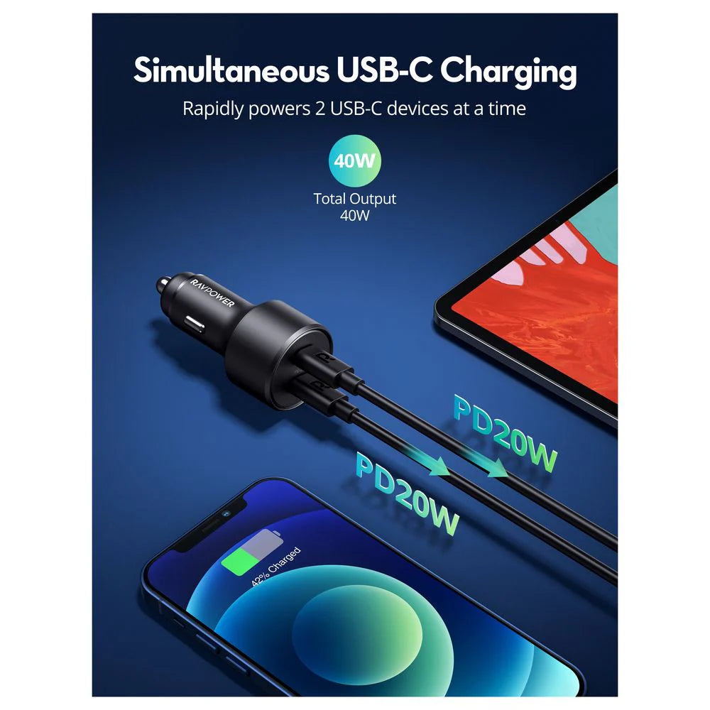 شاحن سيارة بقدرة 40 واط مع منفذين تايب سي من راف باور - RAVPower PD 40W 2-Port Car Charger