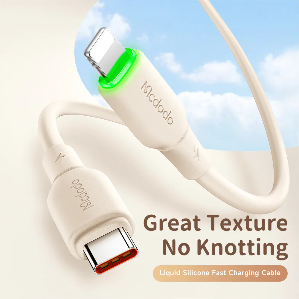 Mcdodo Silicone USB C to Lightning 36W Data Cable with LED 1.2m - كابل بيانات من السيليكون تايب سي إلى لايتننج 36واط مع ليد بطول 1.2 متر من مكدودو
