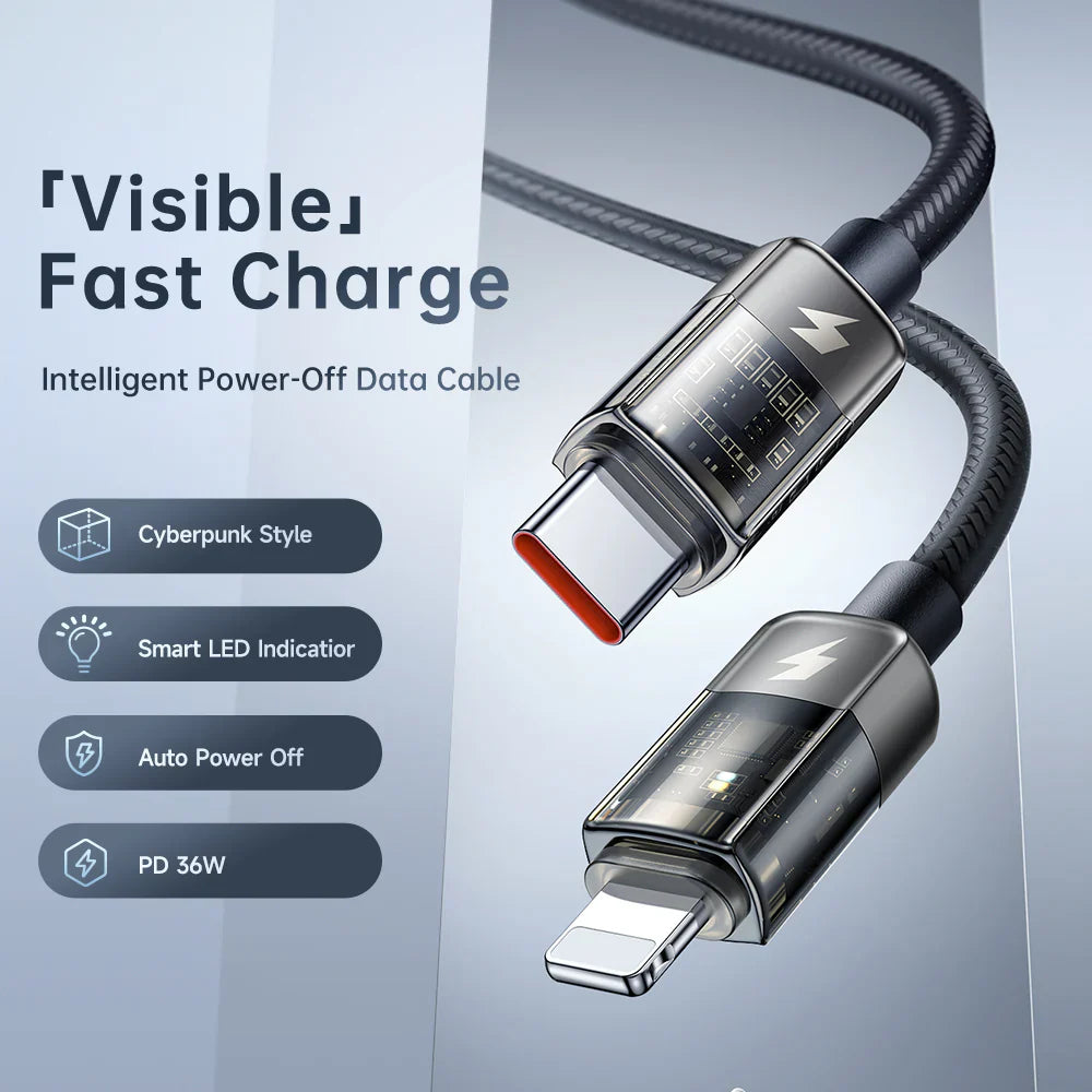 Mcdodo Auto Power Off Type-C to Lightning Transparent Data Cable 1.2m - كابل بيانات مكدودو اوتو باور اوف تايب سي إلى لايتننج شفاف بطول 1.2 متر