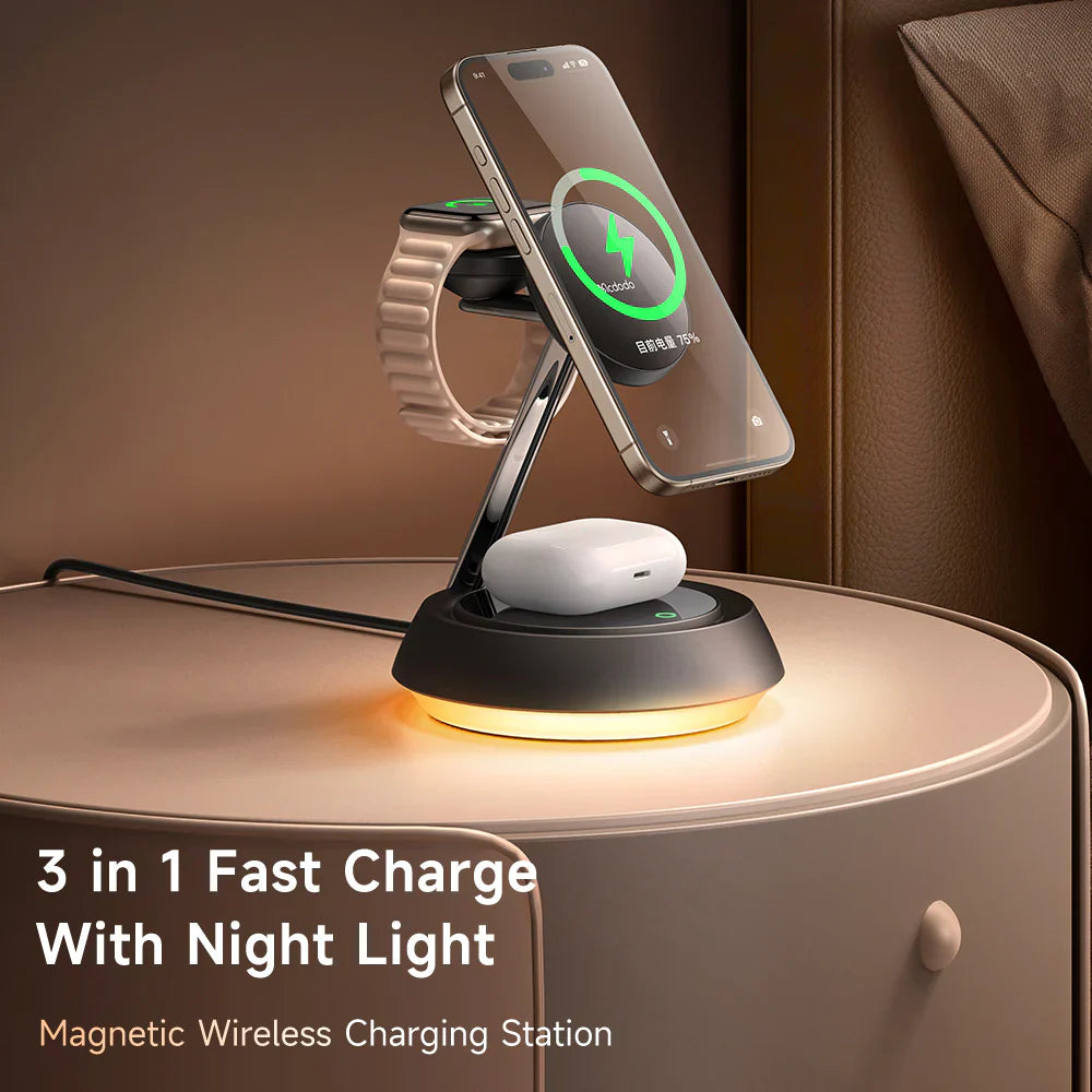 Mcdodo 3 in 1 15W Night Light Magnetic Wireless Charging Station - محطة شحن لاسلكية مغناطيسية 3 في 1 بقوة 15 وات من مكدودو
