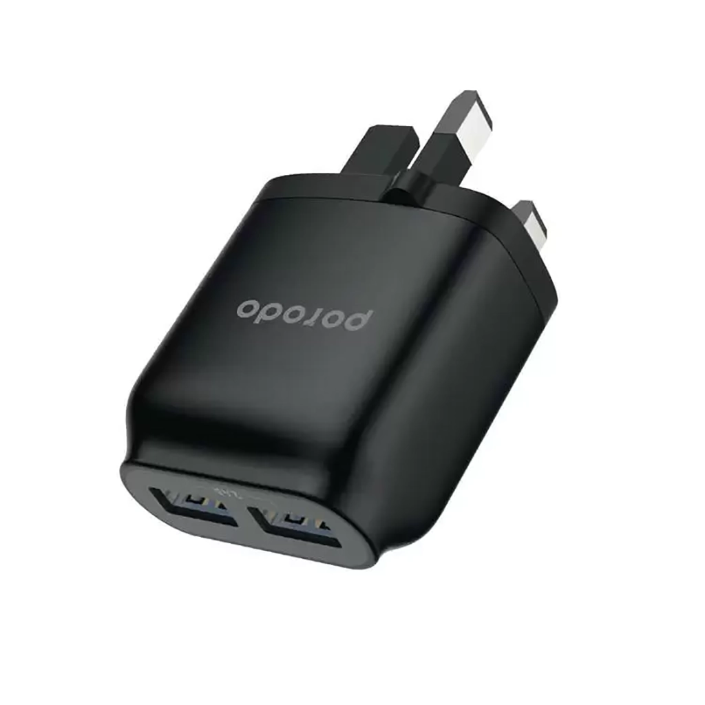 شاحن جداري ثنائي المنافذ بقدرة 2.4A مع كيبل تايب سي بطول 1.2 متر - اسود | Porodo Dual USB Wall Charger 2.4A with Improved Version PVC Type-C Cable 1.2m – Black