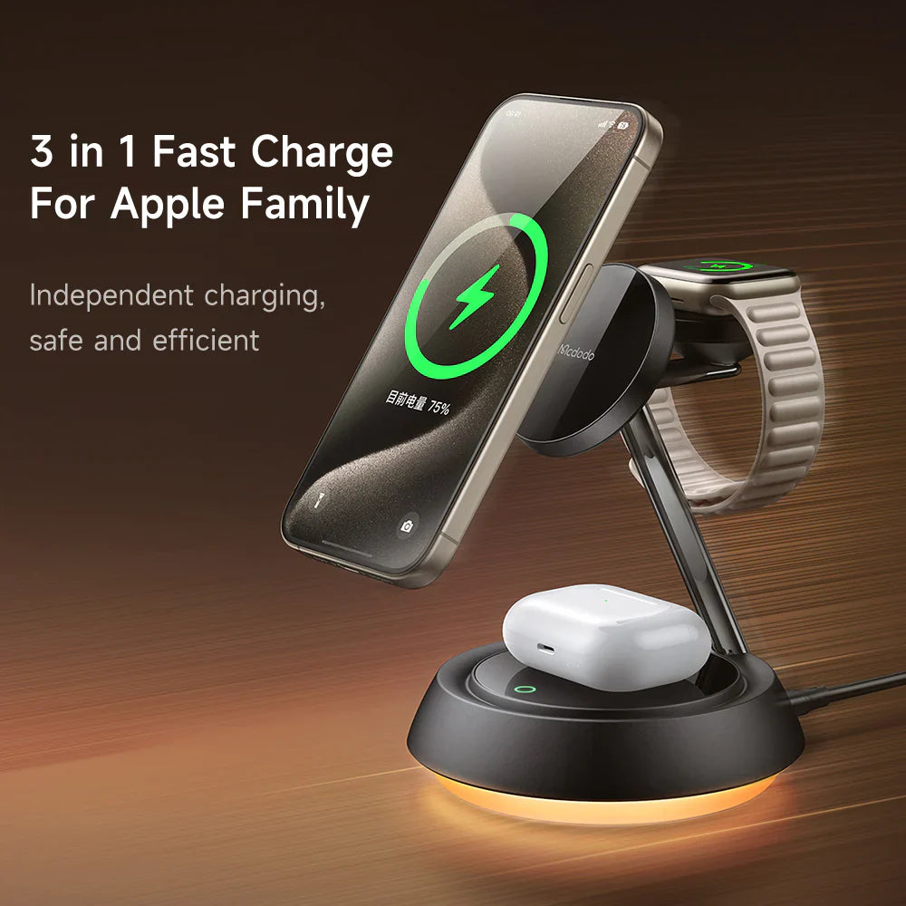 Mcdodo 3 in 1 15W Night Light Magnetic Wireless Charging Station - محطة شحن لاسلكية مغناطيسية 3 في 1 بقوة 15 وات من مكدودو