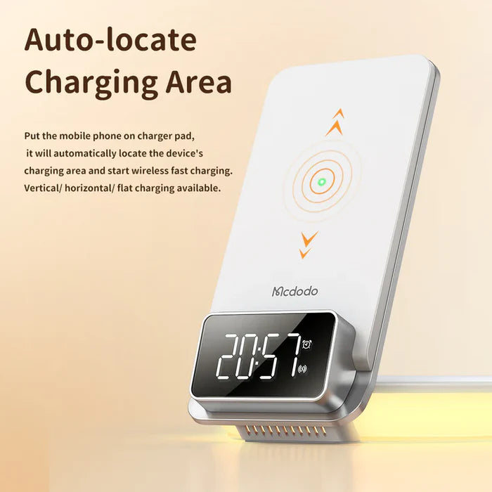 Mcdodo 4 in 1 Desktop Wireless Charger with Alarm & Night Lamp - ماكدودو شاحن لاسلكي لسطح المكتب 4 في 1 مع منبه ومصباح ليلي