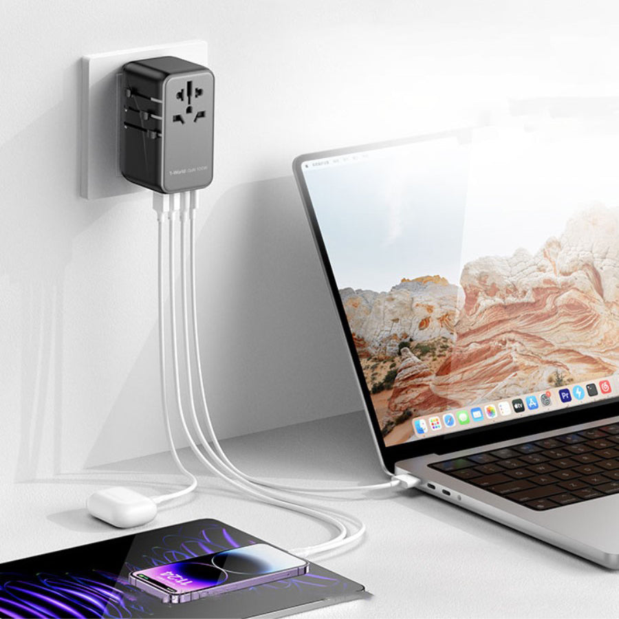 Momax 1-World 100W GaN Charger | 4-Port Universal Fast Charger with AC Travel Adapter - شاحن GaN موماكس 1-World بقدرة 100 واط, شاحن عالمي ب4 منافذ ومحول طاقة للسفر AC