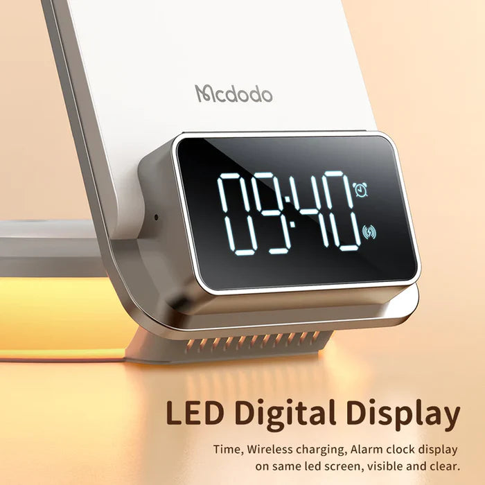 Mcdodo 4 in 1 Desktop Wireless Charger with Alarm & Night Lamp - ماكدودو شاحن لاسلكي لسطح المكتب 4 في 1 مع منبه ومصباح ليلي