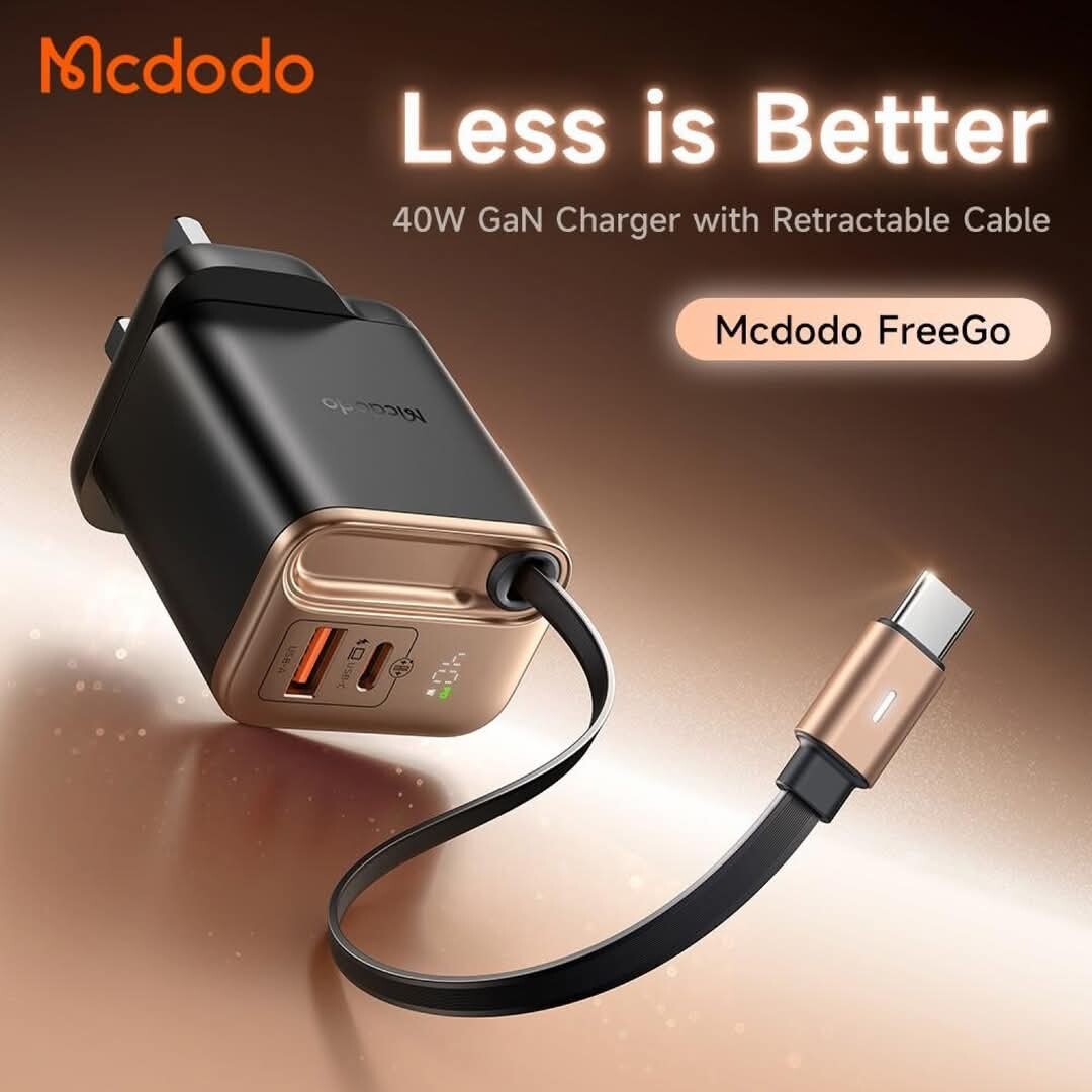 شاحن مكدودو فري جو GaN بقدرة شحن 40 واط مع كيبل تايب سي مدمج وشاشة عرض رقمية | MCDODO FreeGo 40W GaN Charger with Built-in 65cm Retractable USB-C Cable & Digital Display