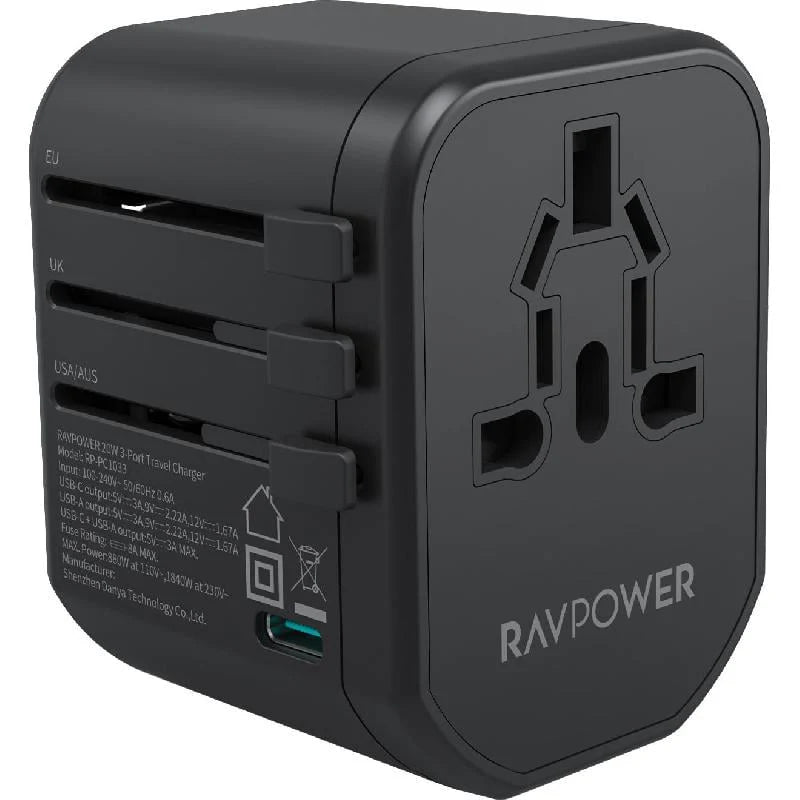 شاحن جداري بقدرة 20واط ب 3 منافذ من راف باور - RAVPower 20W 3-Port Travel Charger Universal Power Adapter