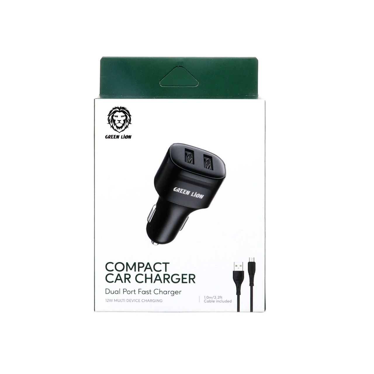 شاحن سيارة جرين لايون بمنفذين يو اس بي اي بقدرة 12 واط مع كيبل مايكرو يو اس بي بطول 1.2 متر | Green Dual Port Car Charger 12W with PVC Micro USB Cable 1.2M.