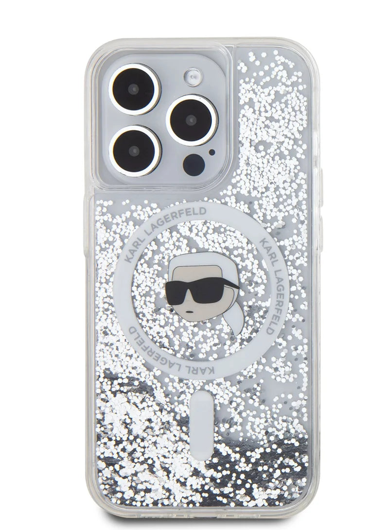 Karl Lagerfeld MagSafe Liquid Glitter Hard Case with Karl Head for iPhone 16 Pro Max | كفر كارل لاغرفيلد شفاف بلمعة سائلة ودعم ماج سيف لهاتف ايفون 16 برو ماكس