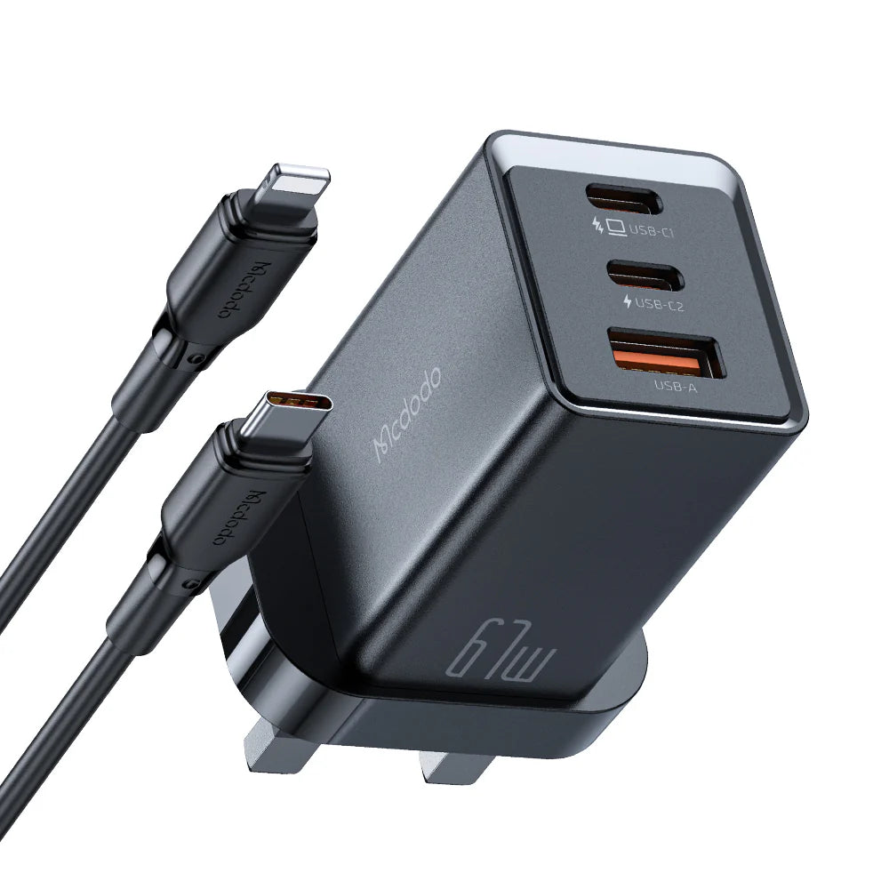Mcdodo 67W 2Port USB-C & 1 Port USB Gan5 mini Fast Charger Pro with Type-c to Lightning Cable 1.2m - شاحن جداري بمنفذين يو اس بي سي ومنفذ يو اس بي بقدرة 67واط مع كيبل من تايب سي للايتننغ من مكدودو