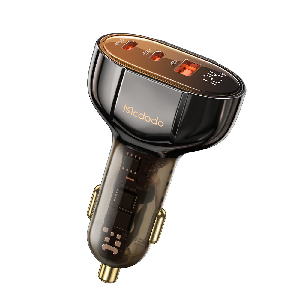 Mcdodo 100W Dual USB-C +USB-A Digital Display PD Car Charger - شاحن سيارة سريع الشحن بمنفذين يو اس بي سي ومنفذ يو اس بي أ من مكدودو