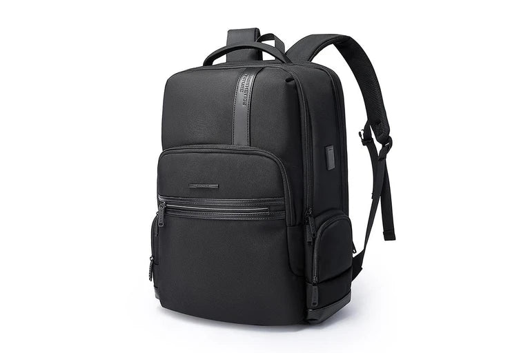 حقيبة بانجي رجالية مقاومة للماء مع منفذ يو اس بي - اسود | BANGE Men Letter Leather Stitching Waterproof Backpack with USB Port – Black