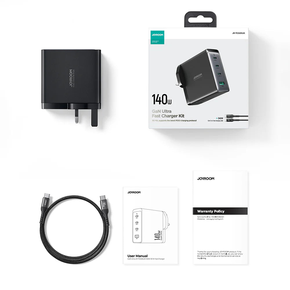 JOYROOM GaN Ultra 140W 3C1A Fast Charger & 240W USB-C to USB-C Cable -شاحن JOYROOM GaN Ultra 140W (3C1A) مع كيبل تايب سي بقوة 240 واط – أسود