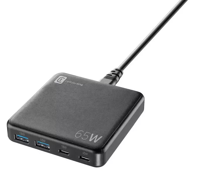 Cellularline Multipower Desk 65W GaN Desktop Charger - شاحن مكتبي GAN من Cellularline بقوة 65 واط - متعدد المنافذ