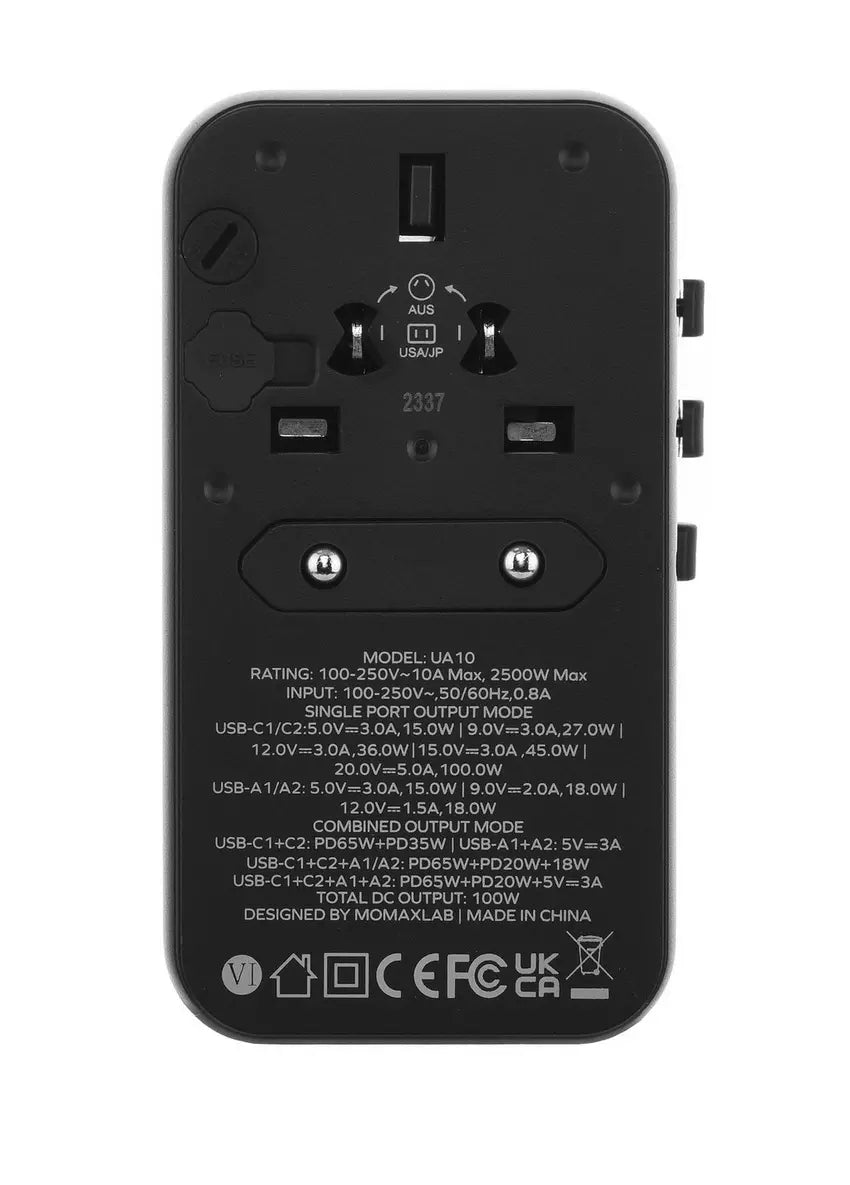 Momax 1-World 100W GaN Charger | 4-Port Universal Fast Charger with AC Travel Adapter - شاحن GaN موماكس 1-World بقدرة 100 واط, شاحن عالمي ب4 منافذ ومحول طاقة للسفر AC