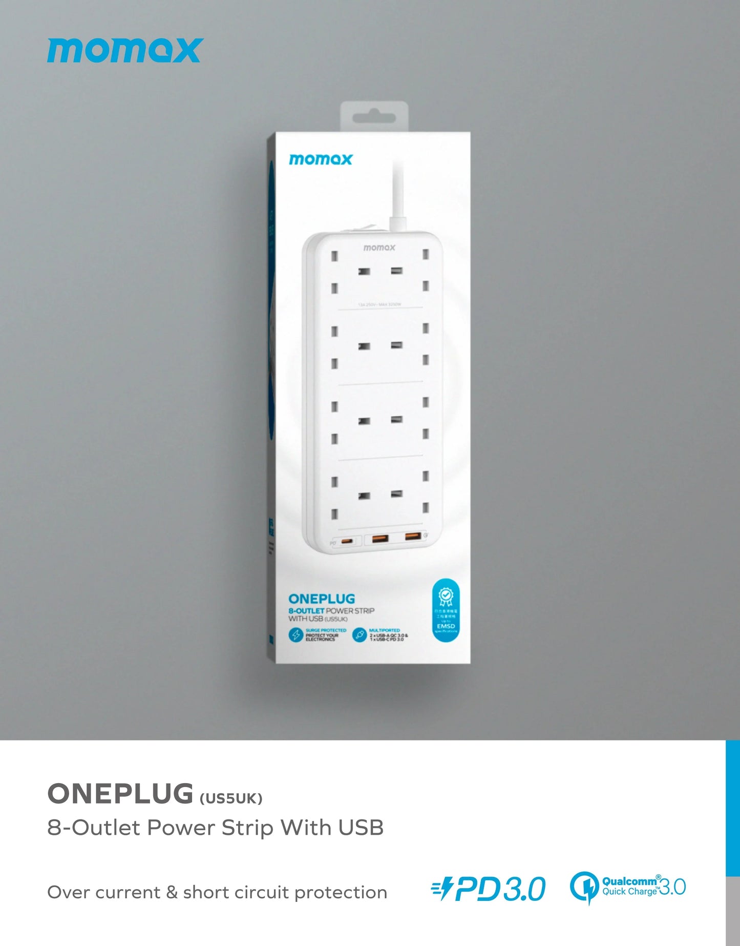 Momax ONEPLUG 8-Outlet Power Strip with USB Ports - مشترك كهربائي موماكس وان بلاج بـ8 منافذ طاقة ومنافذ USB