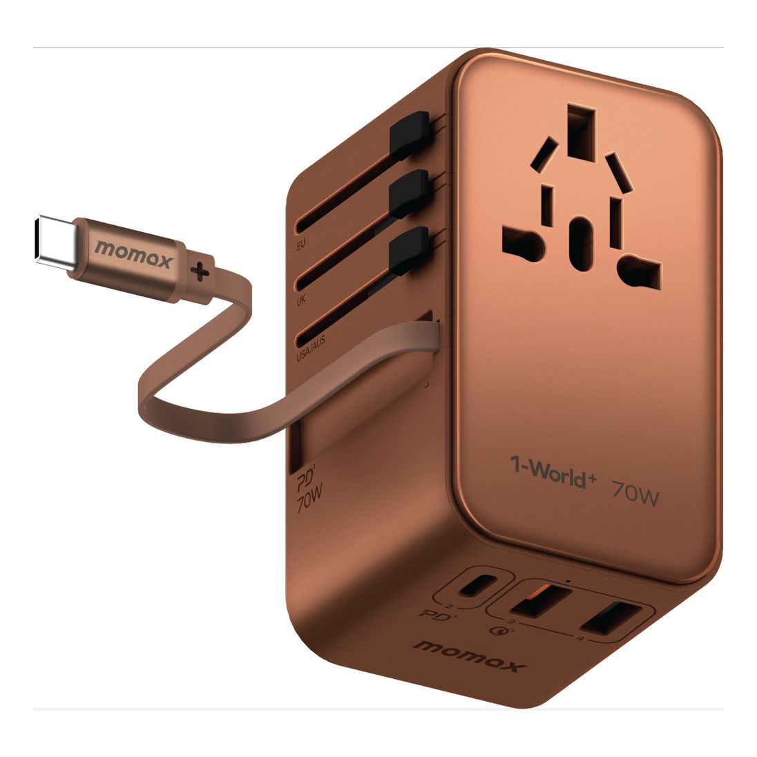 Momax 1-World+ 70W GaN 3-Port Charger with Built-in USB-C Cable - شاحن GaN موماكس 1-world بلس بقدرة 70 واط, شاحن سفر عالمي ب 3 منافذ مع كيبل USB-C