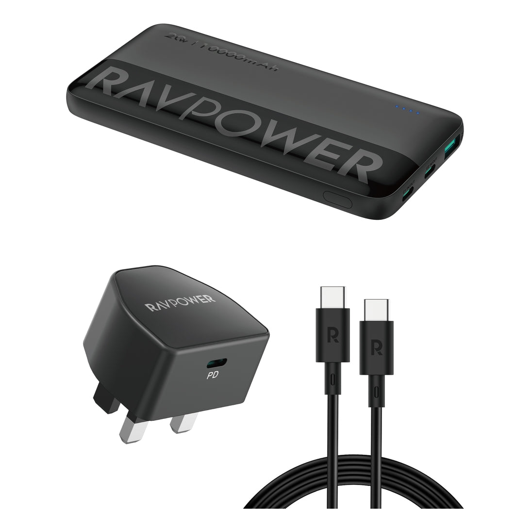 كومبو راف باور, شاحن جداري + باور بانك + كيبل تايب سي الى تايب سي - اسود | RAVPower PC1085 Combo – Wall Charger PC1041 + Power Bank PB1228 + Cable CB1021 – Black