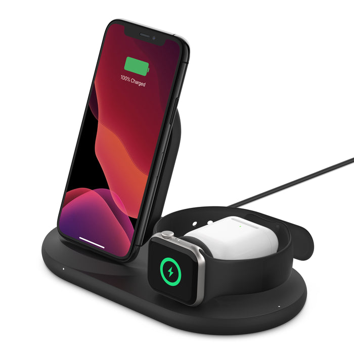شاحن لاسلكي 3 في 1 من بيلكين مع قاعدة شحن لاسلكية 7.5 واط - Belkin BoostCharge 3 in 1 Wireless Charger for Apple iPhone Apple Watch and AirPods