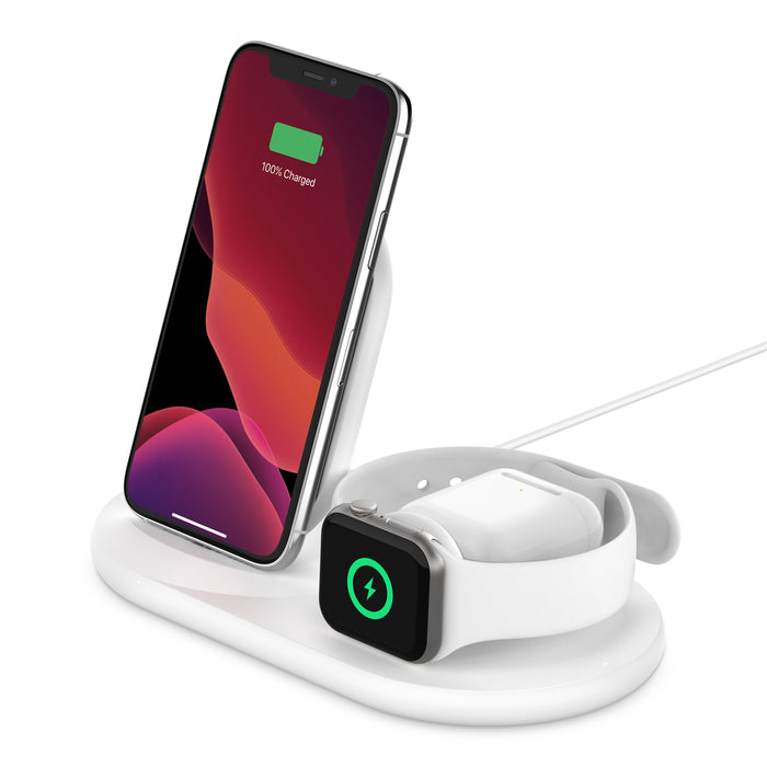 شاحن لاسلكي 3 في 1 من بيلكين مع قاعدة شحن لاسلكية 7.5 واط - Belkin BoostCharge 3 in 1 Wireless Charger for Apple iPhone Apple Watch and AirPods