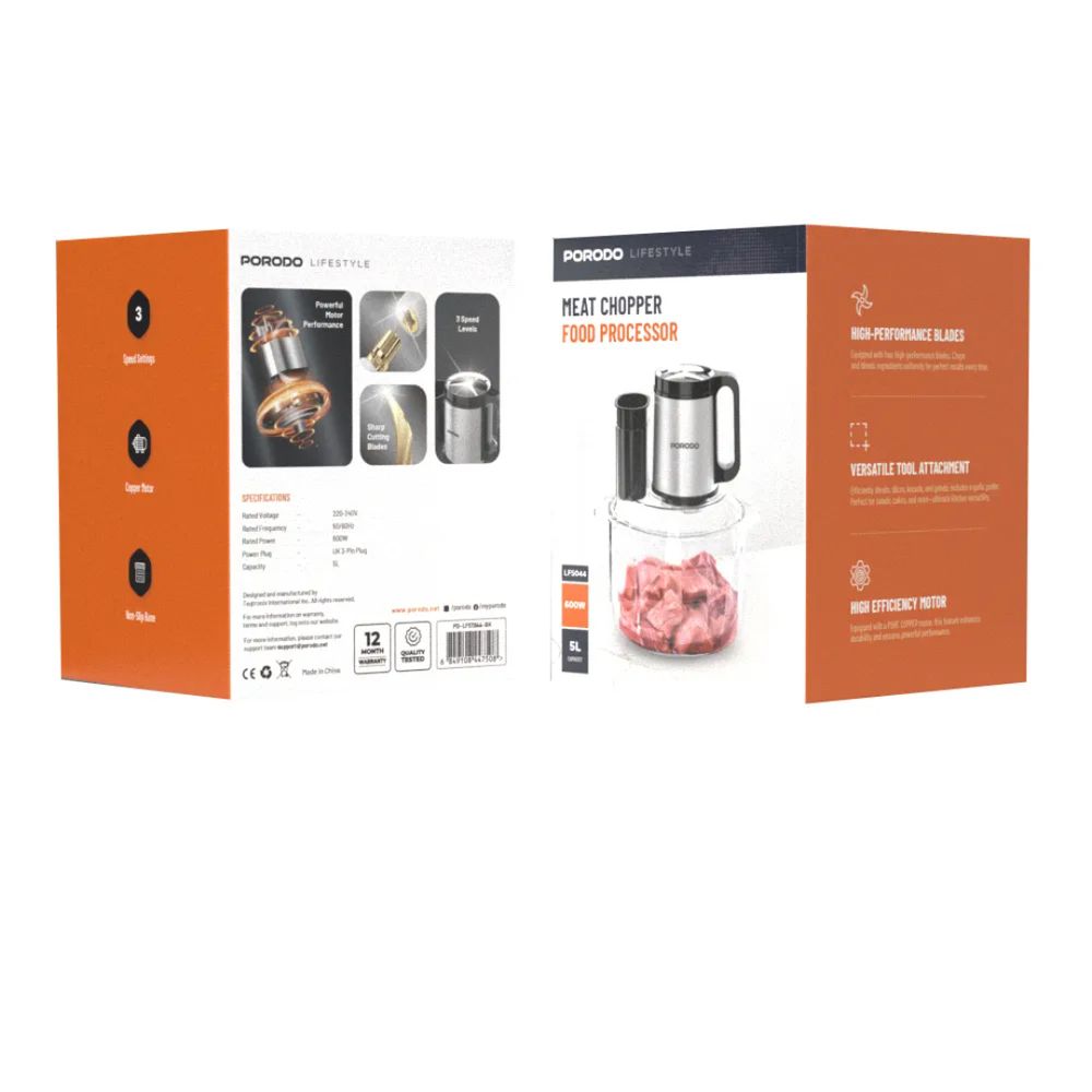 فرامة طعام متعددة الوظائف بورودو لايف ستايل بسعة 5 لتر, 600 واط - اسود | Porodo Lifestyle 5L Multifunctional Chopper 600W – Black.