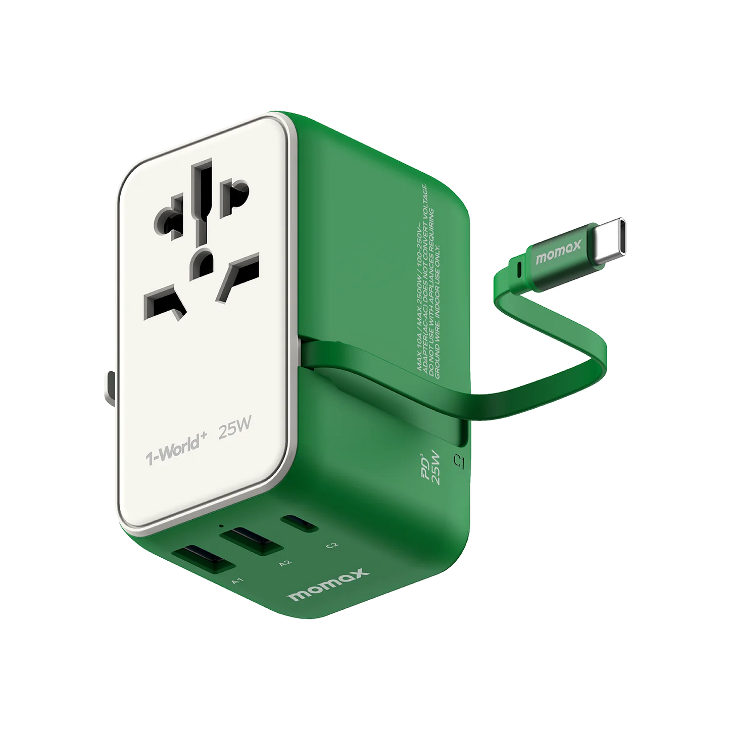 Momax World+ 25W 3-Port Charger with Built-in USB-C Cable + AC Travel Adapter - شاحن موماكس ورلد بلاس بقدرة 25 واط – شاحن سفر عالمي بـ3 منافذ وكابل USB-C مدمج مع محول طاقة AC