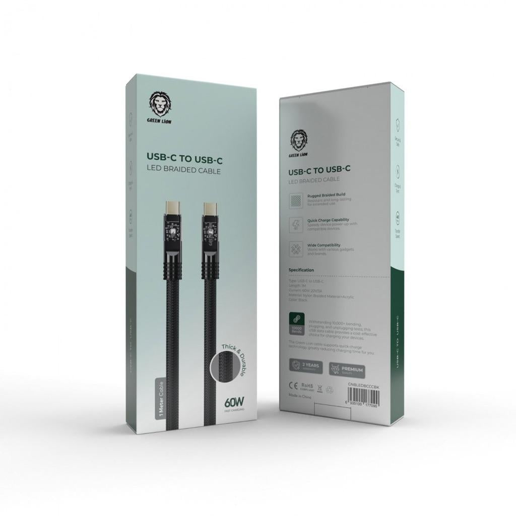 كيبل جرين لايون مضفر يو اس بي سي الى يو اس بي سي باضائة LED وقدرة شحن 60 واط - اسود | Green Lion LED Braided USB-C to USB-C Cable 60W - Black