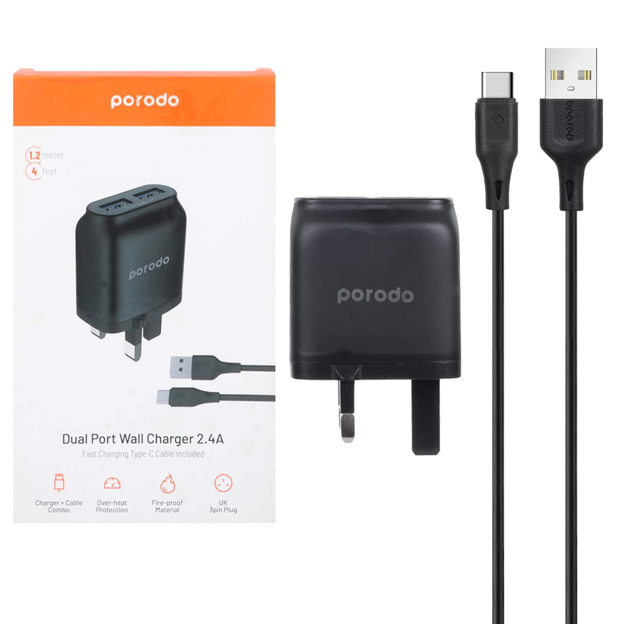 شاحن جداري ثنائي المنافذ بقدرة 2.4A مع كيبل تايب سي بطول 1.2 متر - اسود | Porodo Dual USB Wall Charger 2.4A with Improved Version PVC Type-C Cable 1.2m – Black