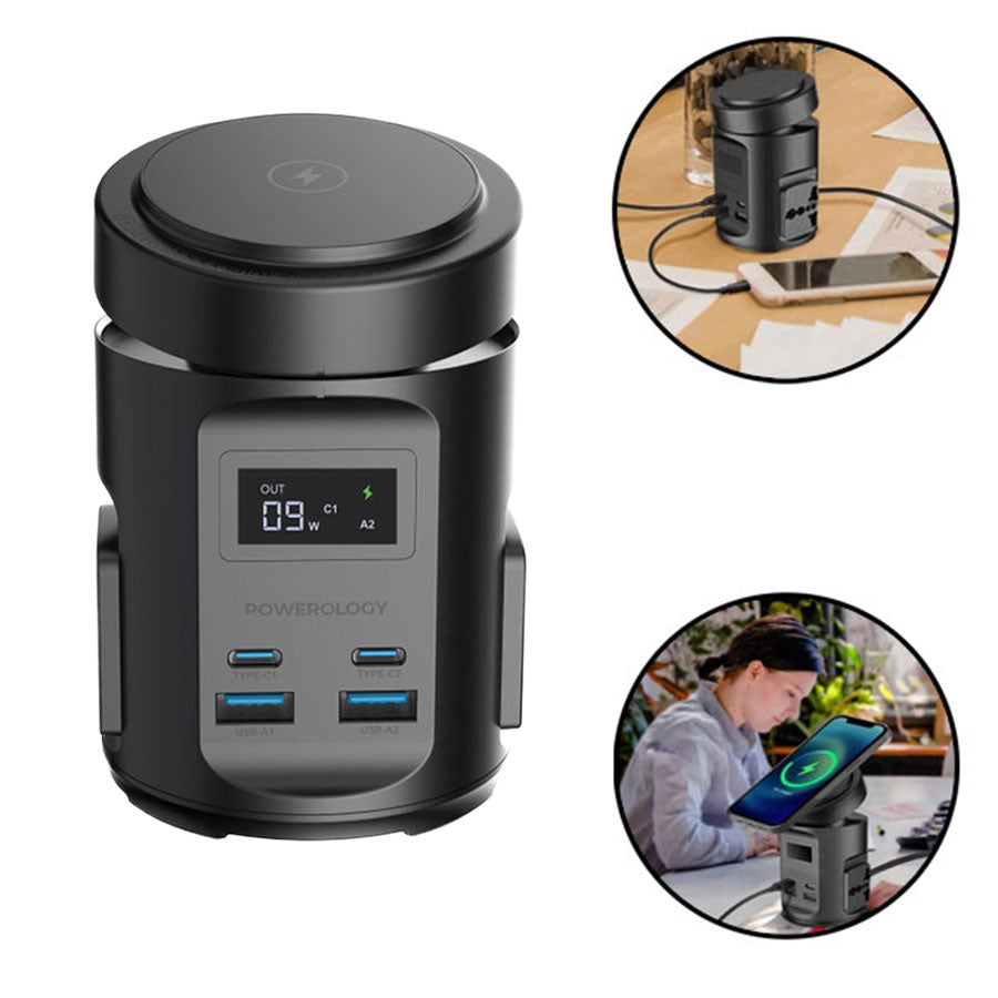 محطة شحن باورولوجي ماج سيف بقوة 65 واط وشحن لاسلكي - اسود | Powerology MagSafe Power Hub PD 65W – Black