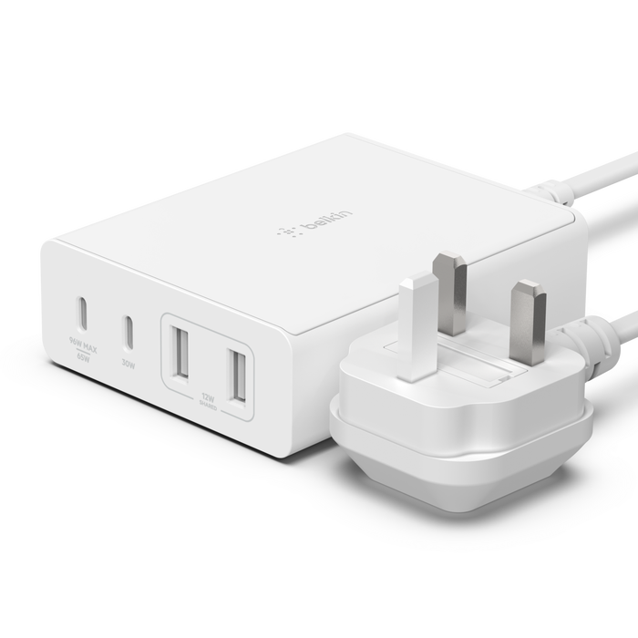 Belkin BoostCharge PRO 108W 4-Ports GaN Charger 2x USB-C and 2x USB-A ports - شاحن بلكين بوست شارجر برو بقدرة 108 واط مع 4 منافذ جان منفذين يو اس بي سي ومنفذين يو اس بي أ