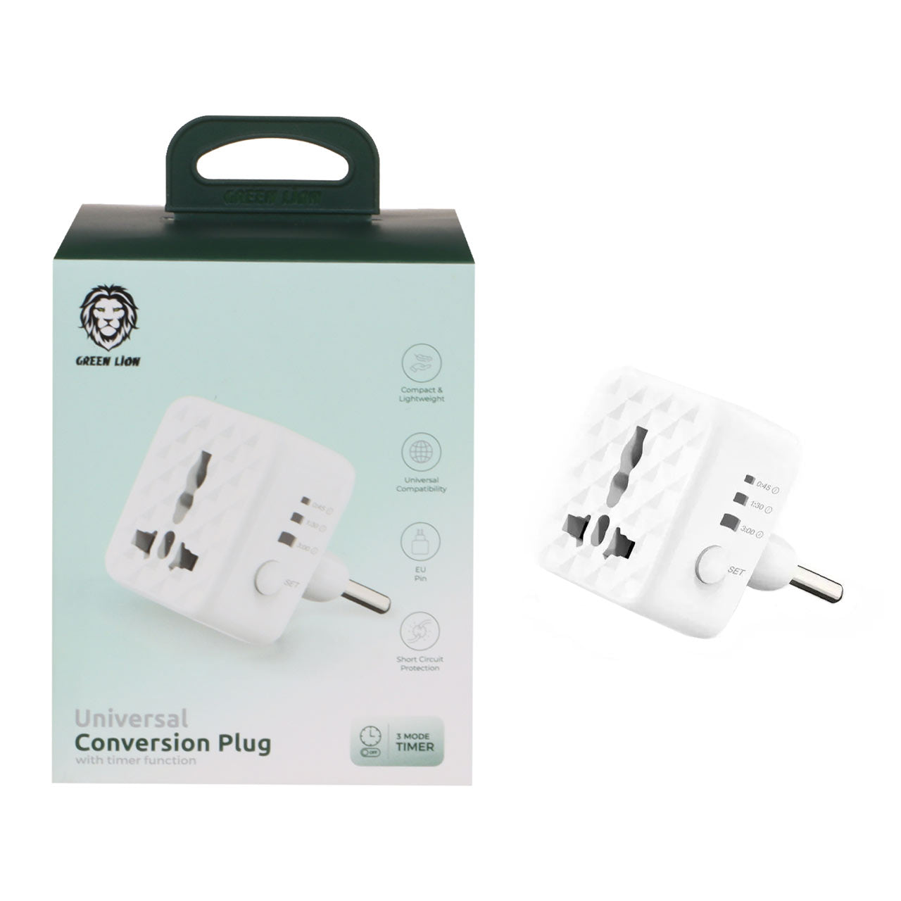 محول كهربائي شامل للسفر من جرين لايون مع مؤقت مدمج - ابيض | Green Lion Universal Conversion Plug with Timer Function - White.