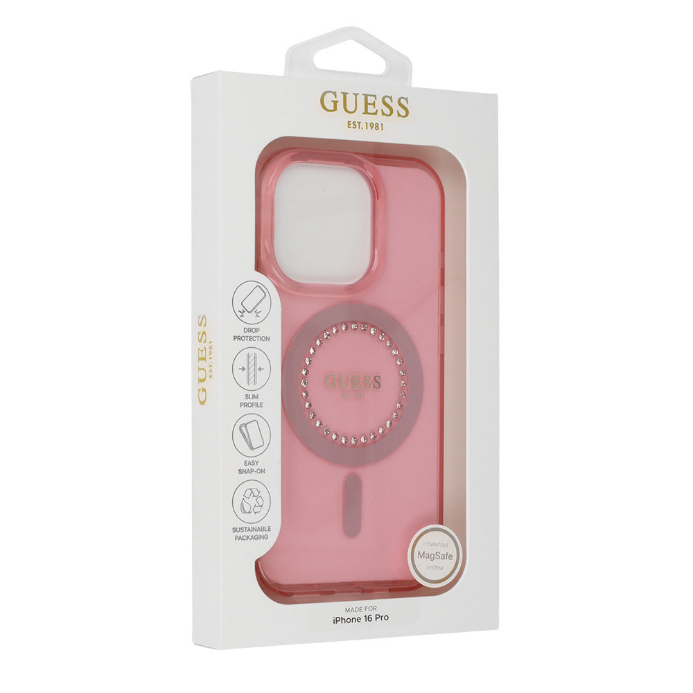 Guess MagSafe IML Hard Case with Rhinestones Design for iPhone 16 Pro | كفر GUESS صلب مع كريستالات وتوافق ماج سيف لهاتف ايفون 16 برو