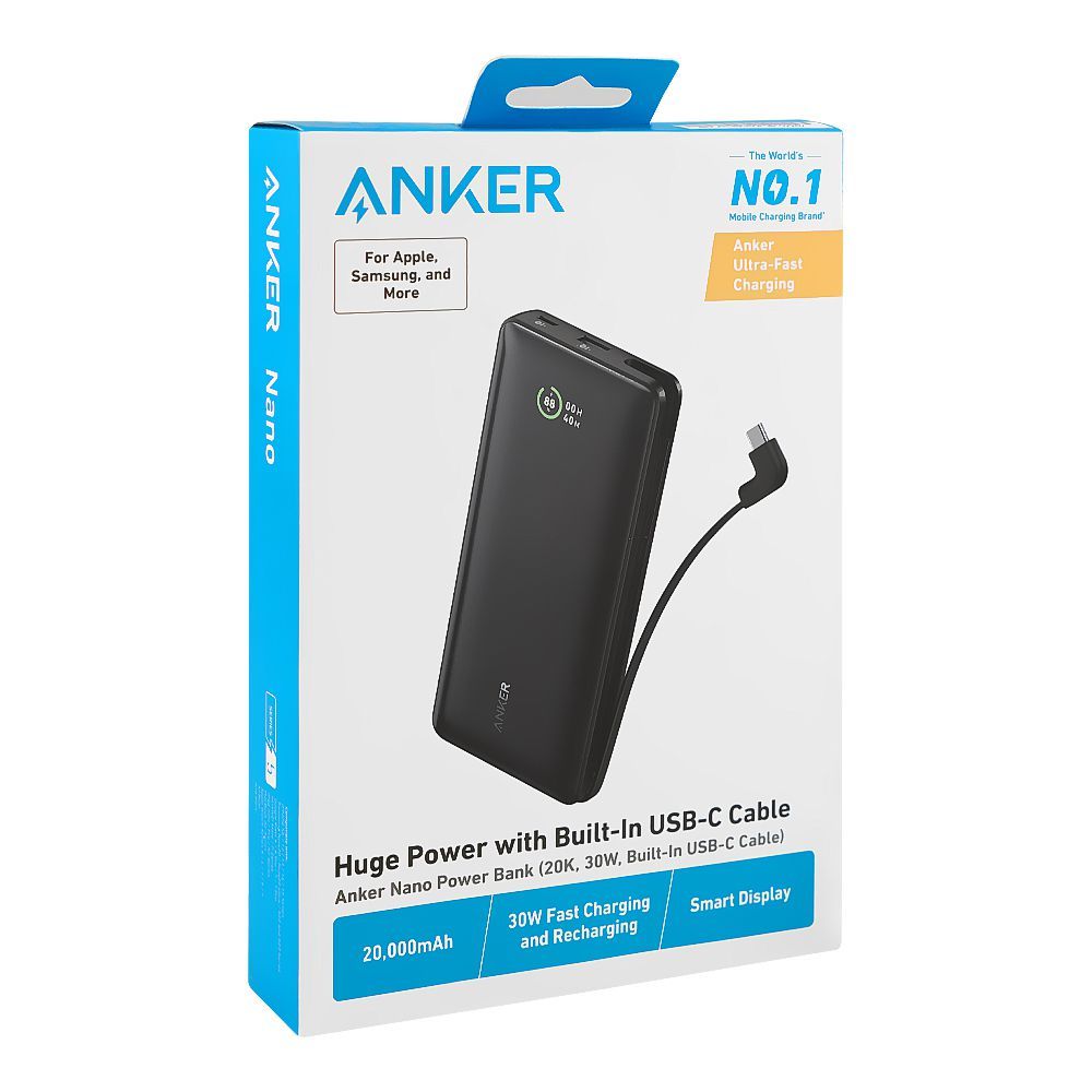 باور بانك انكر نانو بقدرة شحن 30 واط وسعة 20,000 مللي أمبير مع كيبل تايب سي مدمج | Anker Nano Power Bank 20K 30W Built-In USB-C Cable - Black