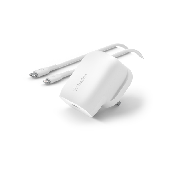 Belkin 30W USB C Wall Charger with USB-C to Lightning Cable PPS PowerDelivery - شاحن حائط تايب سي بقدرة 30 واط من بيلكن مع كابل تايب سي إلى لايتننج