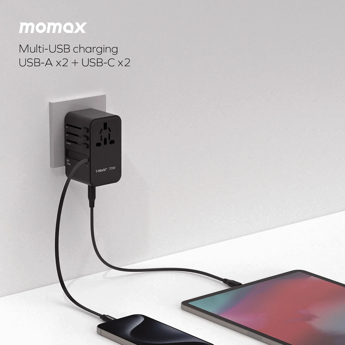 Momax 1-World+ 70W GaN 3-Port Charger with Built-in USB-C Cable - شاحن GaN موماكس 1-world بلس بقدرة 70 واط, شاحن سفر عالمي ب 3 منافذ مع كيبل USB-C