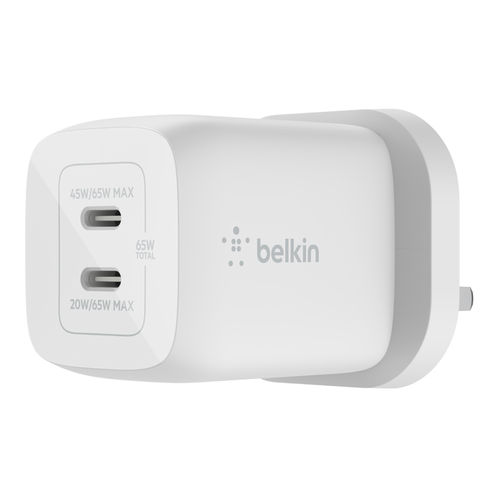 Belkin 65W Dual USB Type C Wall Charger Fast Charging Power Delivery 3.0 with GaN Technology - شاحن حائط بيلكين 65 وات مزدوج يو اس بي من التايب سي توصيل سريع للطاقة 3.0 مع تقنية جان شاحن سريع بقابس يو اس بي لأجهزة