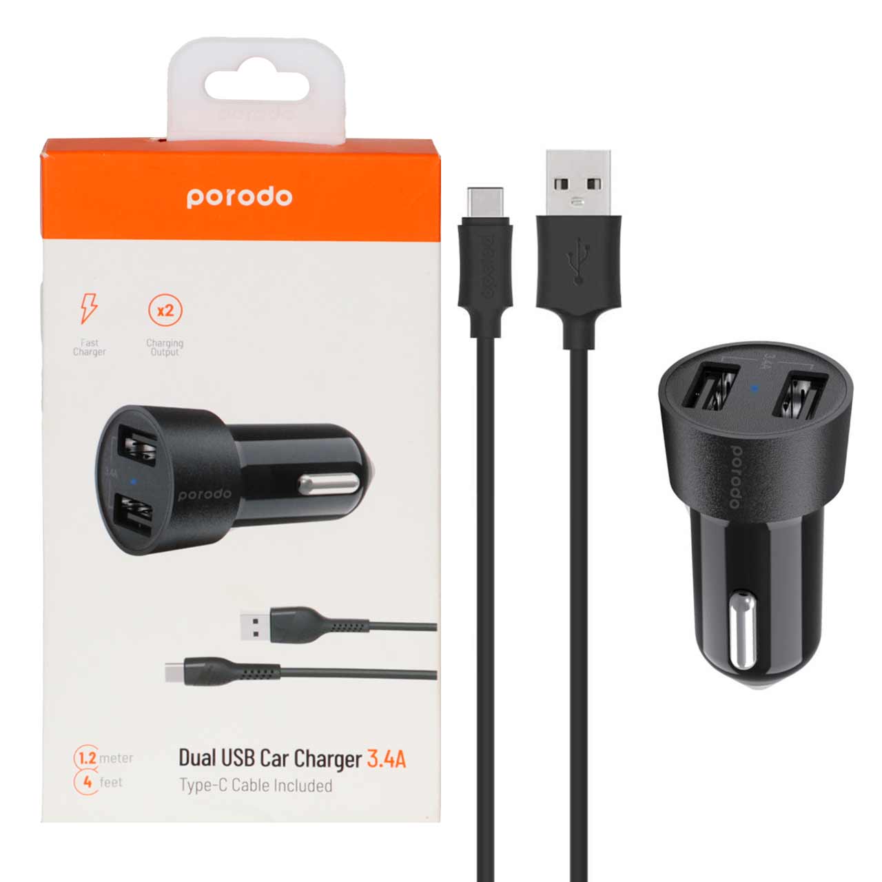شاحن سيارة بورودو ثنائي المنفذ بقدرة 3.4A مع كيبل تايب سي بطول 1.2 متر - اسود | Porodo Dual USB Car Charger 3.4A with Type-C Cable 1.2M – Black
