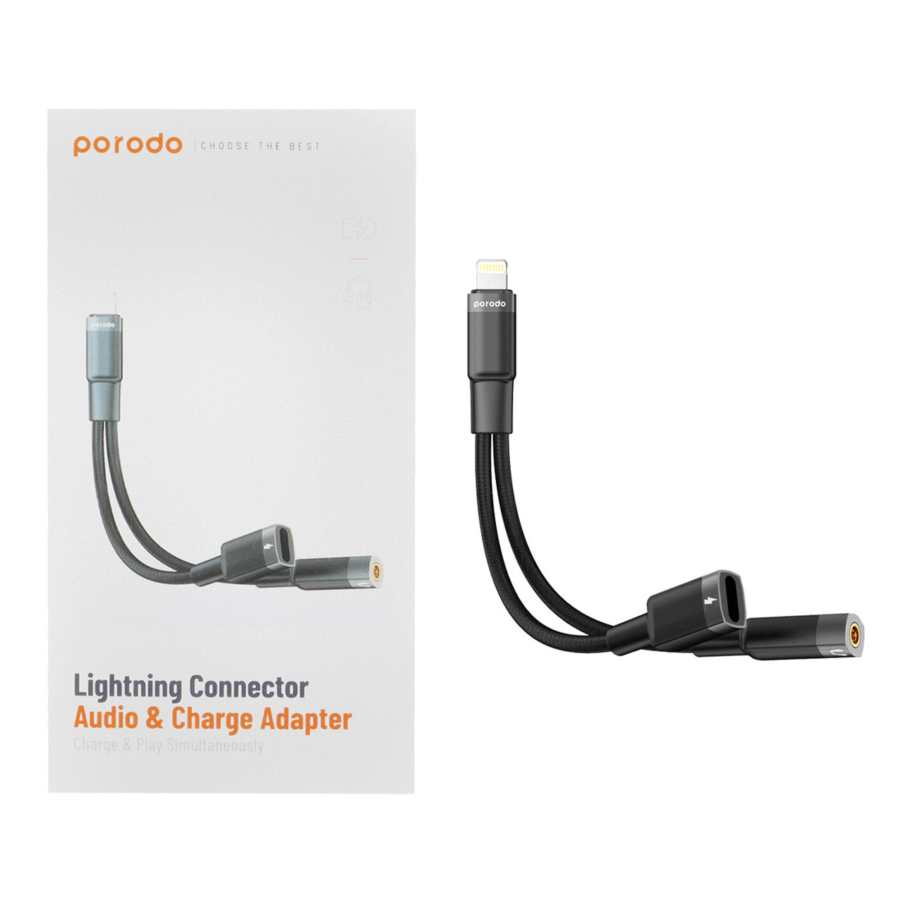 محول بورودو 2 في 1 لايتننغ الى لايتننغ و 3.5mm Jack للشحن وتشغيل السماعات - اسود | Porodo 2in1 Lightning to Lightning + 3.5mm Jack Headphone & Charging Converter – Black