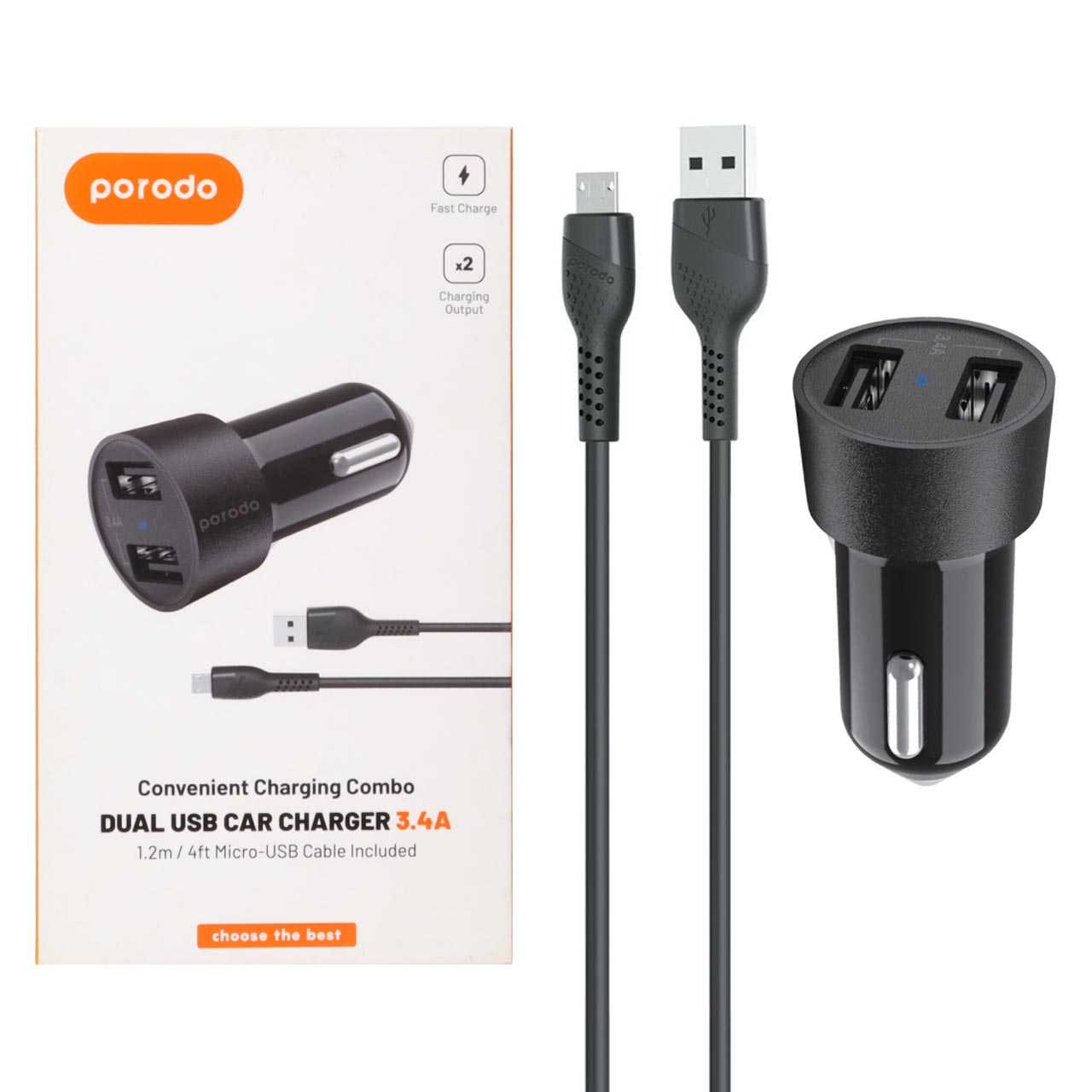 شاحن سيارة بورودو ثنائي المنافذ بقدرة 3.4A مع كيبل مايكرو يو اس بي بطول 1.2 متر - اسود | Porodo Dual USB Car Charger 3.4A with Micro USB Cable 1.2M – Black