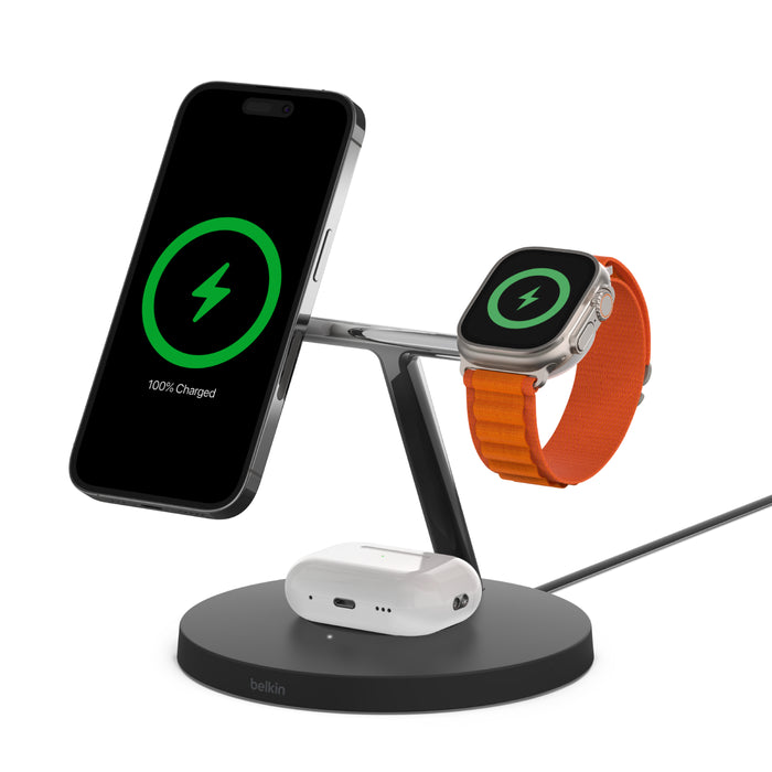 Belkin BoostCharge Pro 3 in 1 Wireless Charging Stand with MagSafe Charging 15W - حامل الشحن اللاسلكي 3 في 1 من بيلكن بوست شارجر برو مع شحن ماج سيف بقدرة 15 واط