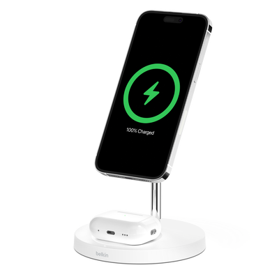Belkin 2 in 1 Wireless Charger with MagSafe 15W Fast Charging - شاحن بيلكن اللاسلكي 2 في 1 مع ماج سيف حامل شاحن الايفون سريع الشحن بقدرة 15 وات لأجهزة