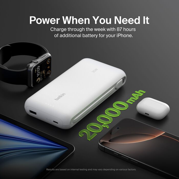 Belkin Power Bank 20K with USB-C Cable 30W Fast Charging - باور بانك بلكن 20 ألف مع كابل مدمج