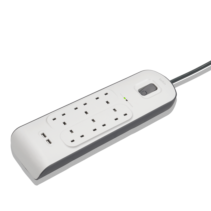 Belkin USB Charging 6-outlet Surge Protection Strip - وصلة كهربائية مع 6 منافذ ومنفذي يو اس بي من بيلكين 2 متر
