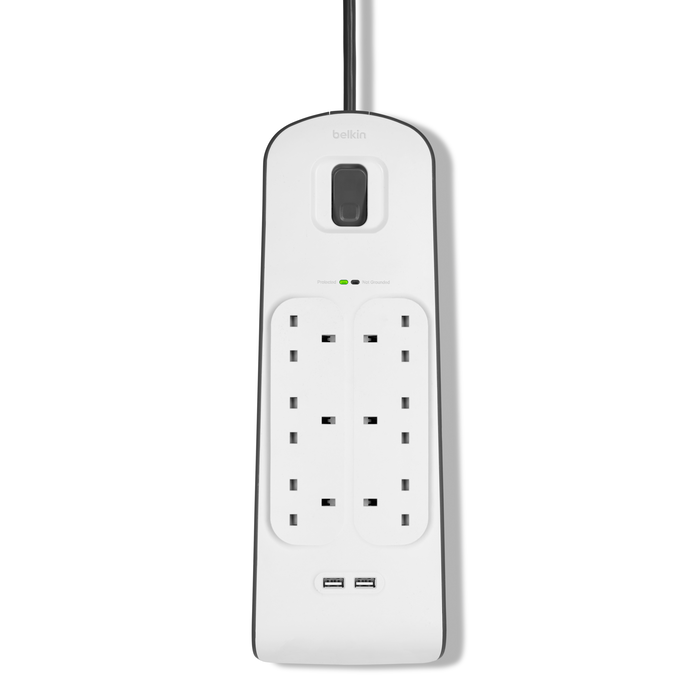 Belkin USB Charging 6-outlet Surge Protection Strip - وصلة كهربائية مع 6 منافذ ومنفذي يو اس بي من بيلكين 2 متر