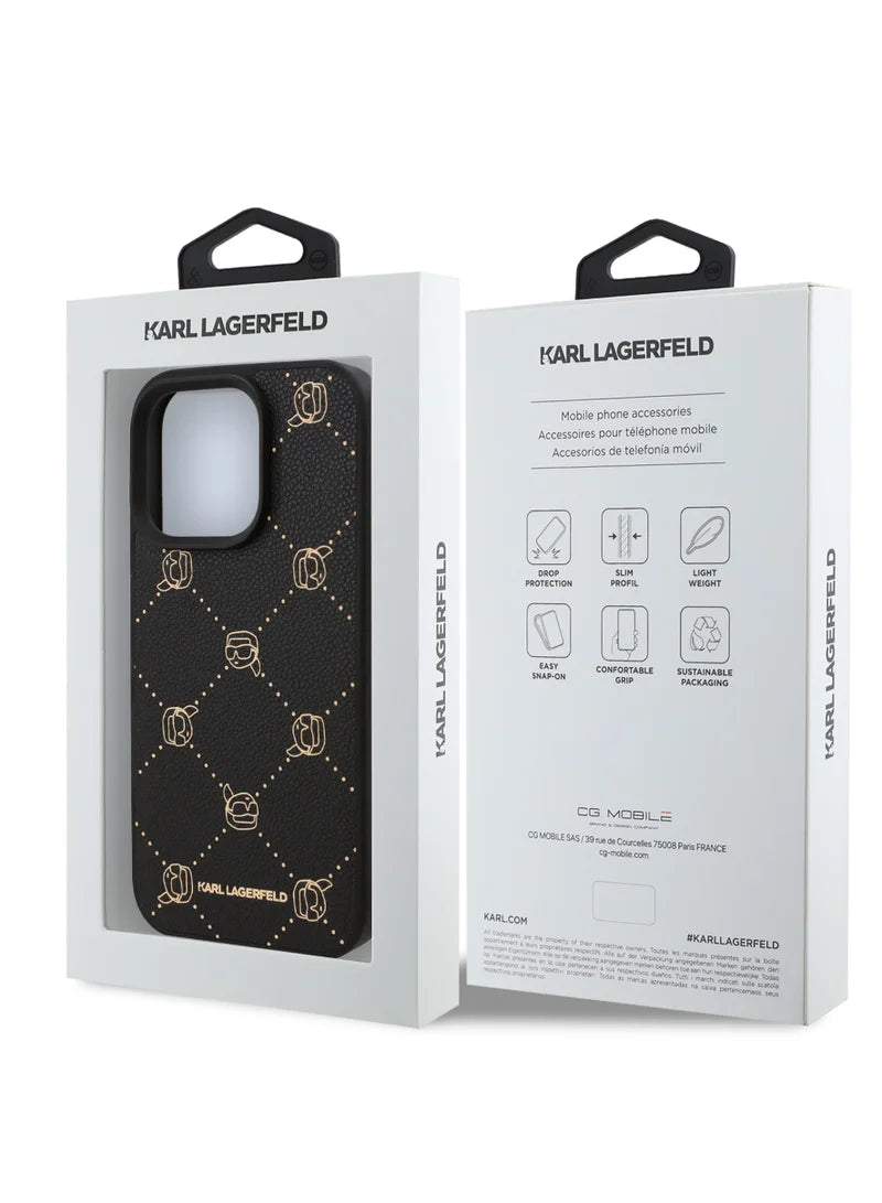 Karl Lagerfeld PU Hard Case with Karl Head for iPhone 16 Pro Max – Black | كفر كارل لاغرفيلد جلدي فاخر بشعار رأس كارل لايفون 16 برو ماكس - اسود