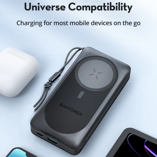باور بانك ماك سيف بسعة 20 الف ملي امبير بقدرة 15 واط بمنفذين من راف باور - RAVPower Wireless Power bank 20000mAh 15W
