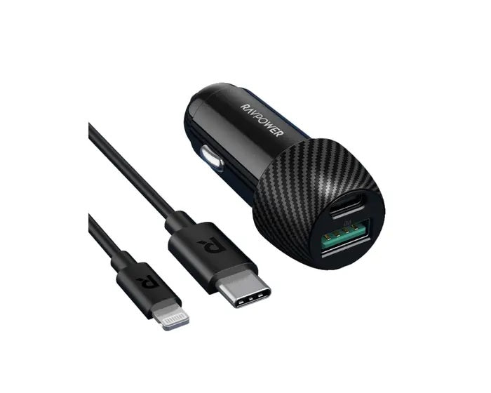شاحن سيارة بقدرة 49 واط مع منفذين تايب سي ويو اس بي بالاضاقة الى كيبل تايب سي الى لايتننغ - RAVPower PD Dual Port USB C Car Charger with USB C to Lightning Cable