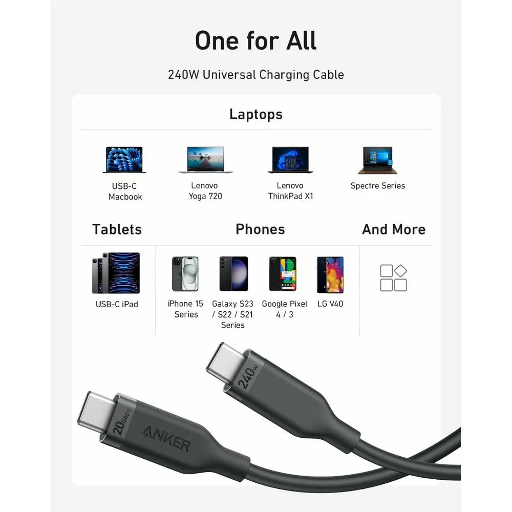 كيبل انكر يو اس بي سي الى يو اس بي سي بسرعة نقل بيانات 20Gbps وقدرة شحن 240 واط, بطول 1 متر | Anker USB-C to USB-C Cable 3ft – 240W, 20Gbps