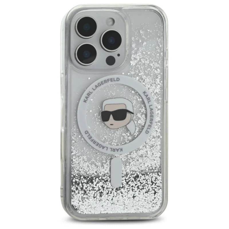 Karl Lagerfeld MagSafe Liquid Glitter Hard Case with Karl Head for iPhone 16 Pro | كفر كارل لاغرفيلد بلمعة سائلة شفافة ودعم ماج سيف لهاتف ايفون 16 برو