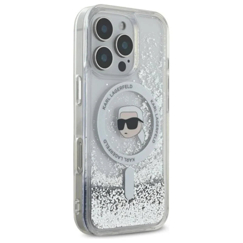Karl Lagerfeld MagSafe Liquid Glitter Hard Case with Karl Head for iPhone 16 Pro | كفر كارل لاغرفيلد بلمعة سائلة شفافة ودعم ماج سيف لهاتف ايفون 16 برو